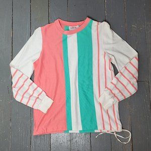 Vintage 1980s Aileen Color Blocked Pastel Pink Green Drawstring Top Shirt Blouse